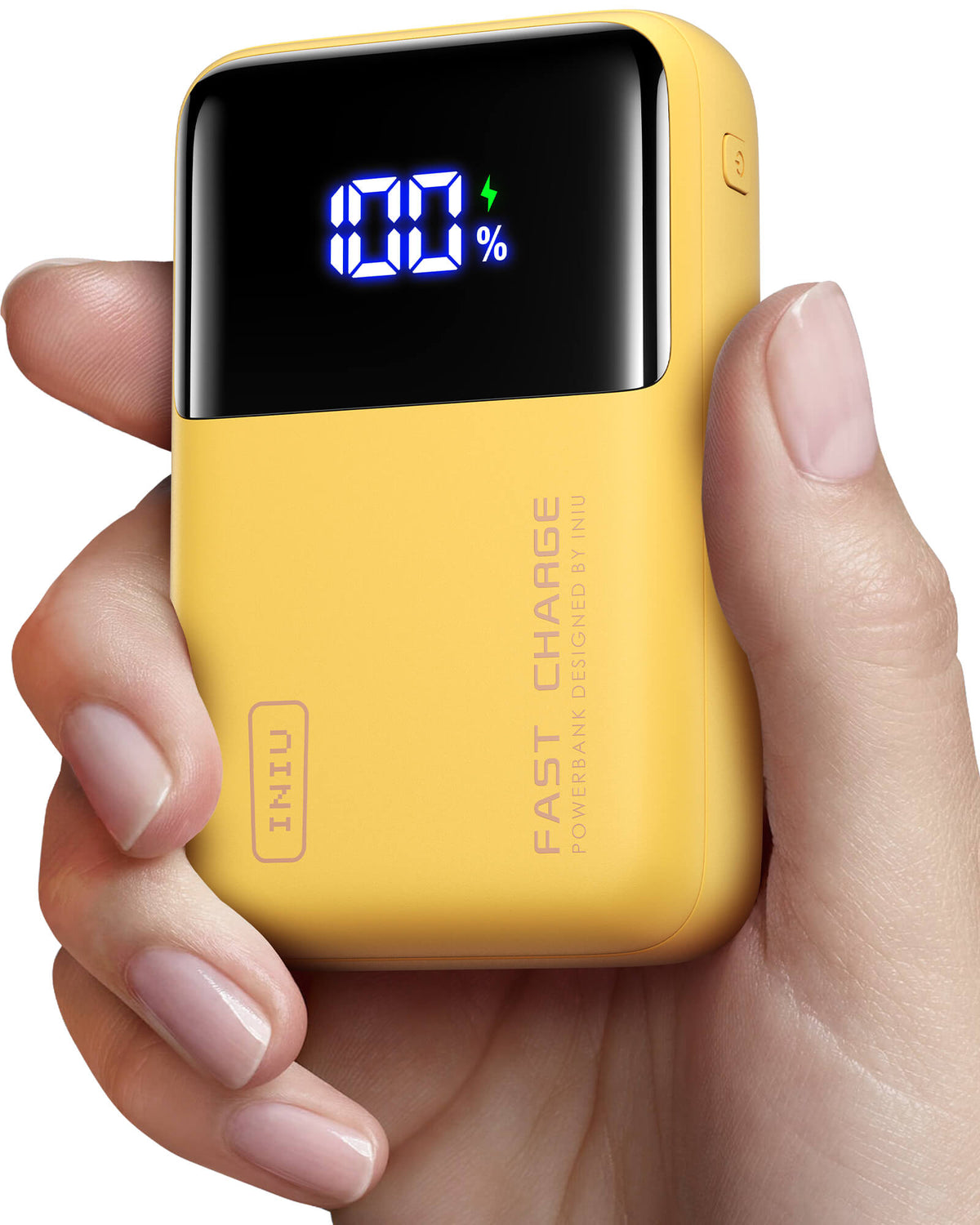 INIU Cougar P63-E1 Power Bank in hand, 100% charge display, FAST CHARGE yellow body, 25000mAh portable charger
