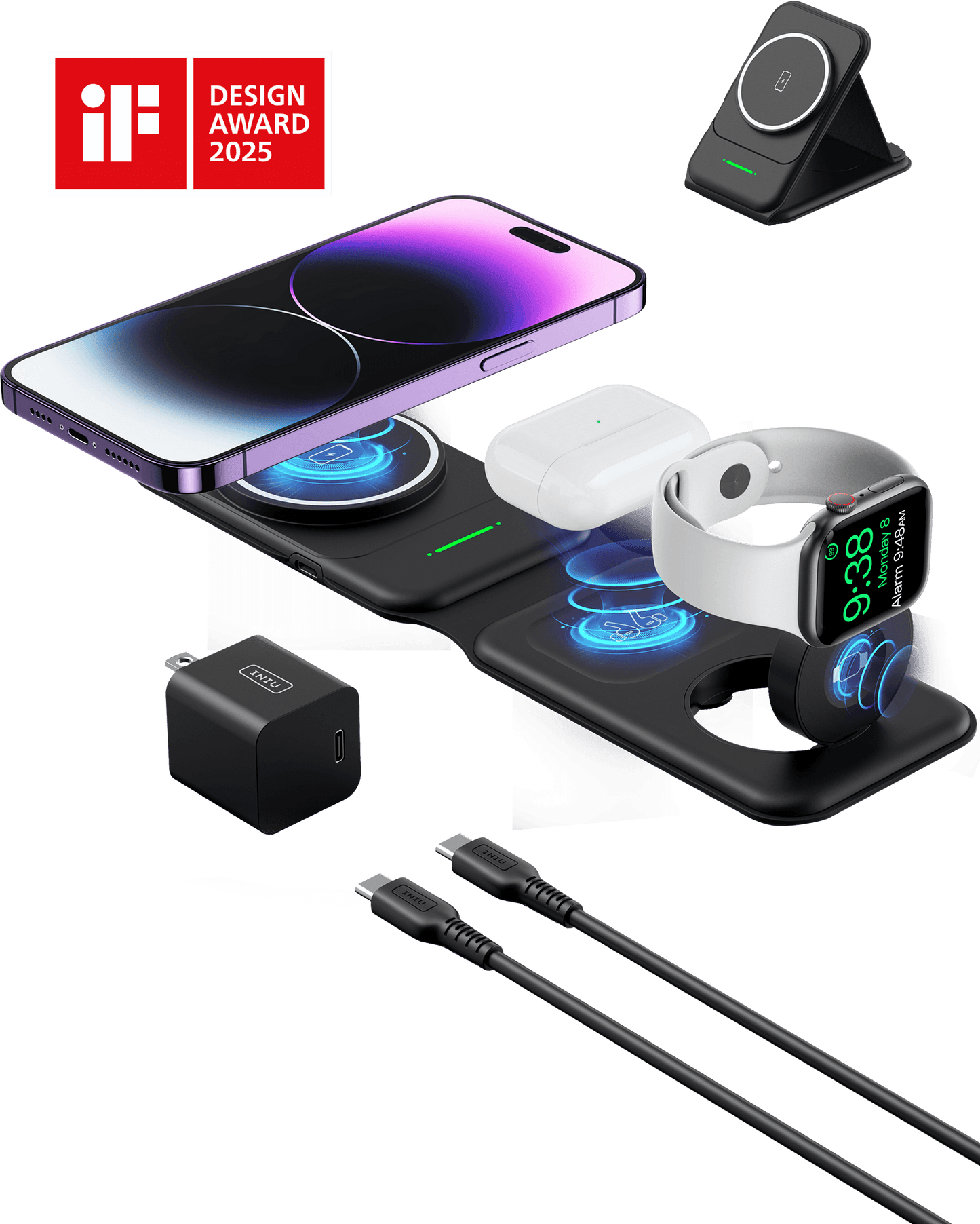 INIU SnapGo WI222 wireless charger, charges phone, AirPods, and Apple Watch. iF Design Award 2025.