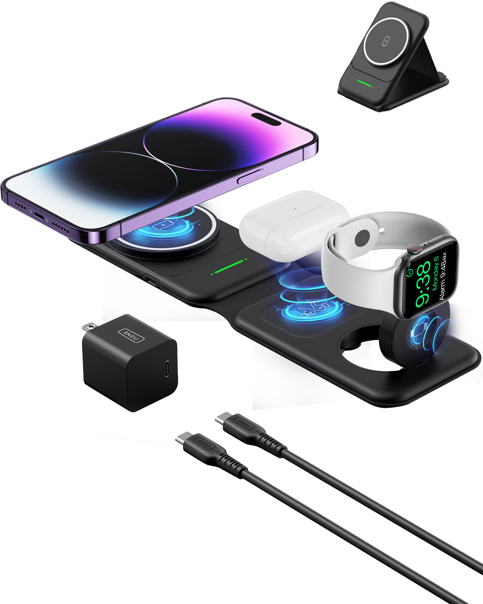 INIU SnapGo WI222 3 in 1 Wireless Charging Pad & Stand, 15W Magnetic Multifunction