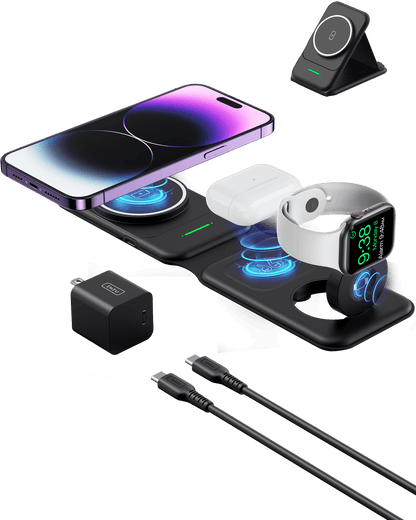 INIU SnapGo WI222 3-in-1 Wireless Charging Pad, black foldable charging station with iPhone, AirPods, and Apple Watch.