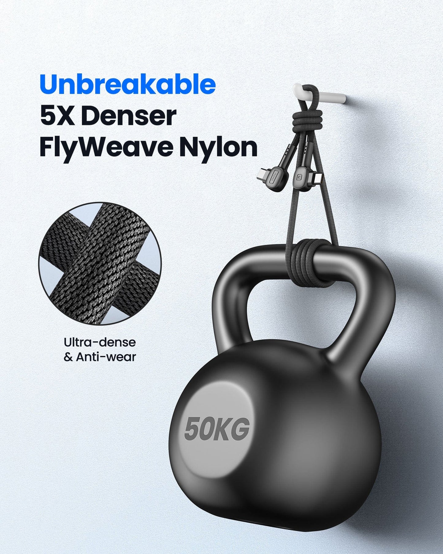 INIU D6CC USB C Cable - Unbreakable 5X Denser FlyWeave Nylon, Ultra-dense & Anti-wear cable design, black with 90° design