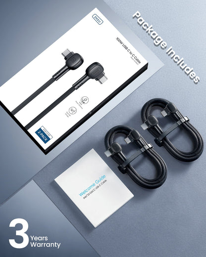 INIU D6CC USB C Cable 2-Pack: 100W fast charging cable with 90 degree design, black FlyWeave nylon, includes warranty.