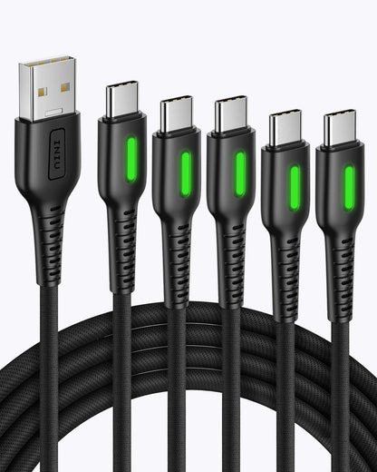 INIU D3C-5P Nylon USB C Cable: Black braided USB-C cables with green indicator lights and INIU logo on the USB-A connector.